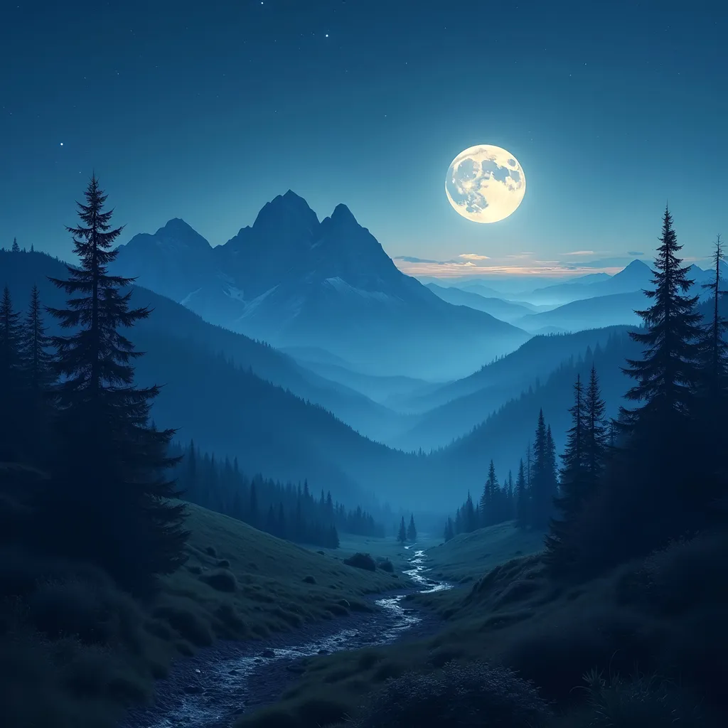 Prompt: mountainous landscape illuminated by moonlight, serene evening ambiance, cool tones, soft shadows, twinkling stars in a clear night sky, gentle breeze rustling through trees, high-quality, ultra-detailed, tranquil atmosphere, winding trails leading through the hills, captivating and magical scene reminiscent of a peaceful wilderness by moonlit serenity.