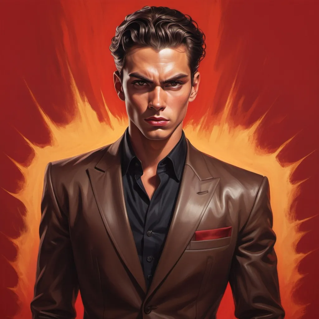 Prompt: A young handsome man with lightly tan skin, slicked back wavy dark brown hair and bright golden eyes, standing with his arms at his side with an evil look on his face, a red background