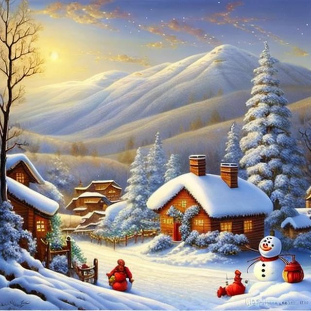 Prompt: Christmas style masterpiece Traditional Painting art of lots of snowy Hills landscape with snow man