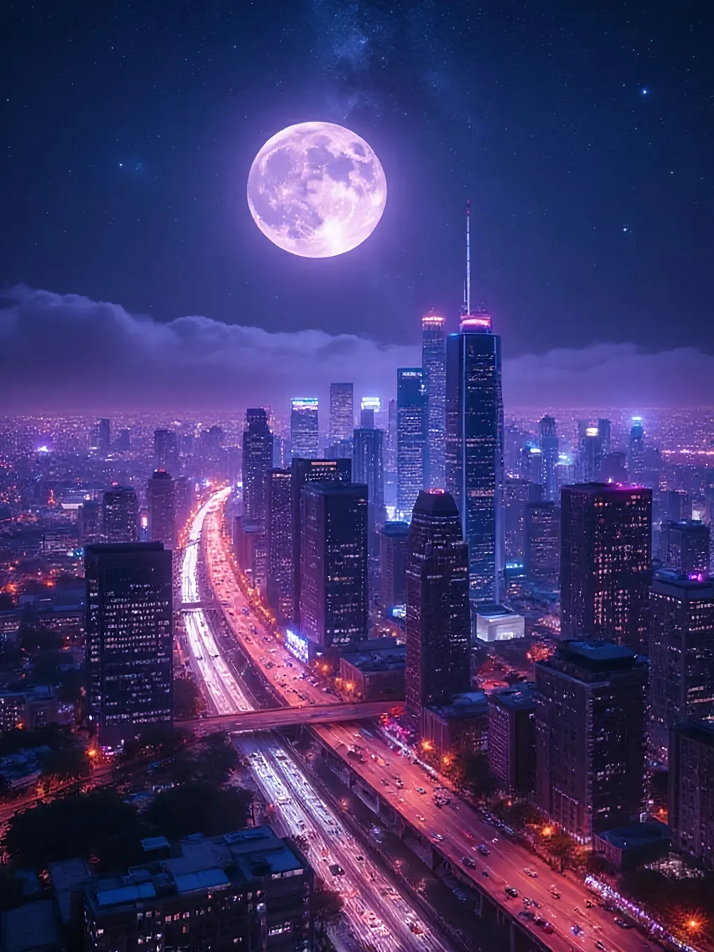 Prompt: Genera un fondo de pantalla para celular en resolución 1440 x 3120.
Vista panorámica de una ciudad de noche. Futurística con muchos neones (sobretodo morados, azules, rojos y blancos.) y calles/autopistas con una densidad de coches media. Muchos rascacielos y edificios altos con varias luces de ventanas encendidas. Cielo de noche muy estrellado con la luna llena visible y brillante, coloca la vía lactea. Imagen colorida y en muy buena calidad.
