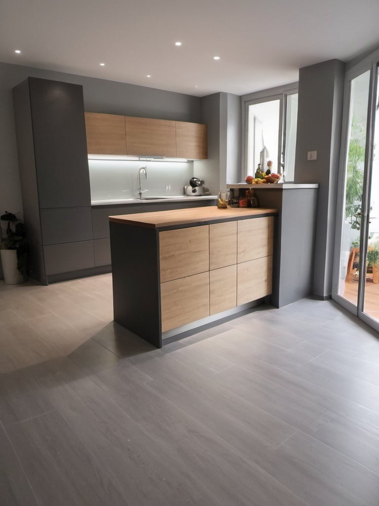 Prompt: modificar el tono del mueble de la cocina y el mueble de la barra para brindar mas luminosidad al espacio. El piso debe ser gris simil madera