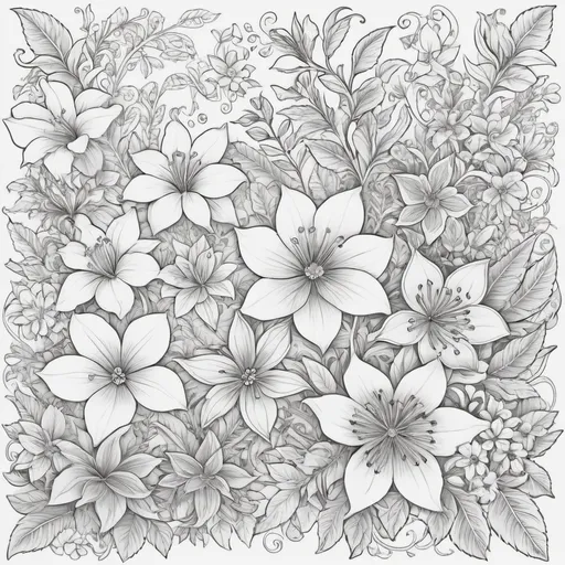 Prompt: Create a set of intricate, full-page floral designs for an adult coloring book. Each page should feature a unique arrangement of detailed flowers, leaves, and vines, with varying sizes and patterns to ensure a diverse and engaging experience. The flowers should include a mix of roses, lilies, daisies, orchids, and wildflowers, each with finely drawn petals, elaborate centers, and complex leaf patterns. The designs should fill the entire page with dense, flowing arrangements, allowing for small details to be colored in. Incorporate subtle geometric shapes and mandala-like elements within the floral designs to add depth and complexity. The overall style should be elegant, relaxing, and inspiring, with each page offering a different floral theme that is both beautiful and meditative.