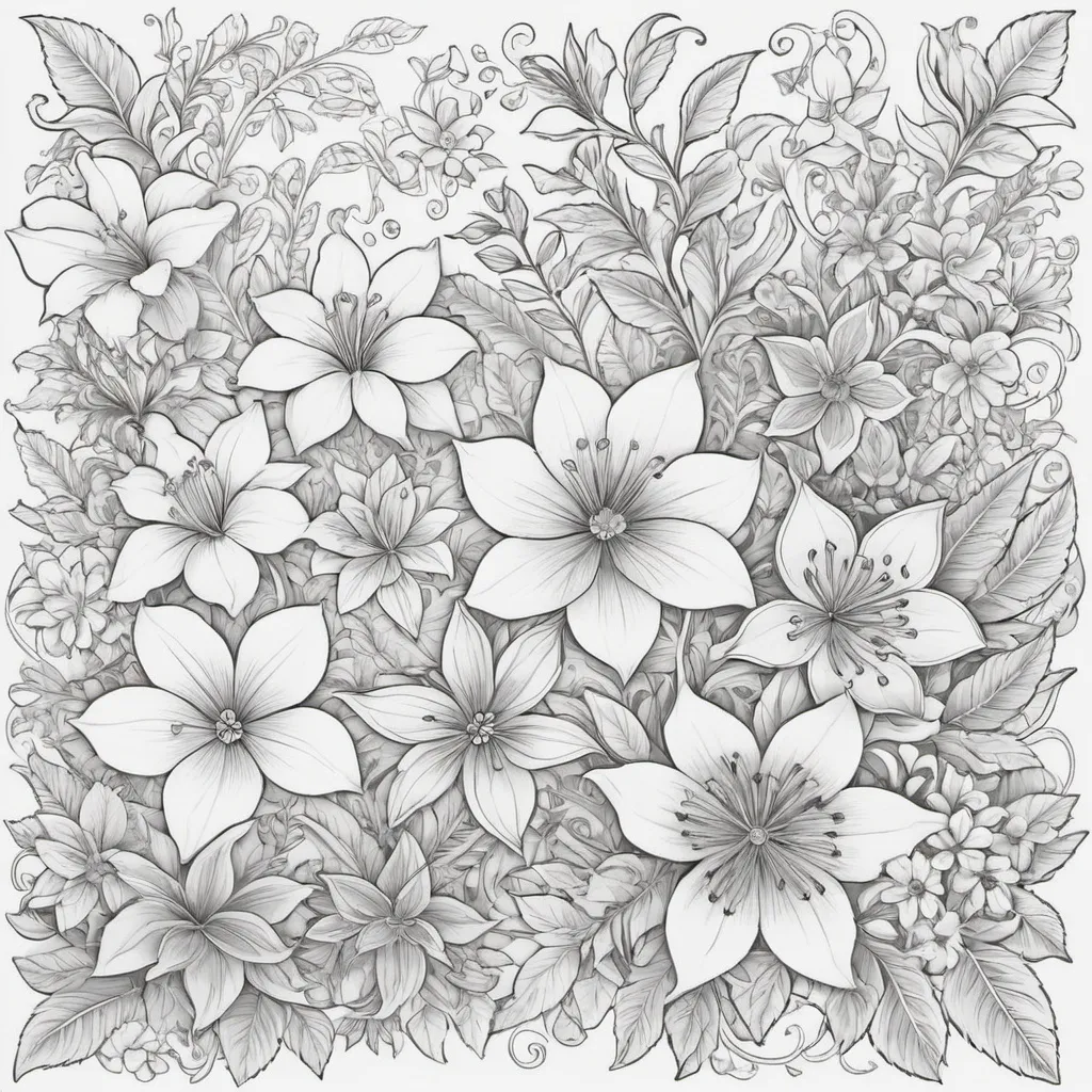 Prompt: Create a set of intricate, full-page floral designs for an adult coloring book. Each page should feature a unique arrangement of detailed flowers, leaves, and vines, with varying sizes and patterns to ensure a diverse and engaging experience. The flowers should include a mix of roses, lilies, daisies, orchids, and wildflowers, each with finely drawn petals, elaborate centers, and complex leaf patterns. The designs should fill the entire page with dense, flowing arrangements, allowing for small details to be colored in. Incorporate subtle geometric shapes and mandala-like elements within the floral designs to add depth and complexity. The overall style should be elegant, relaxing, and inspiring, with each page offering a different floral theme that is both beautiful and meditative.