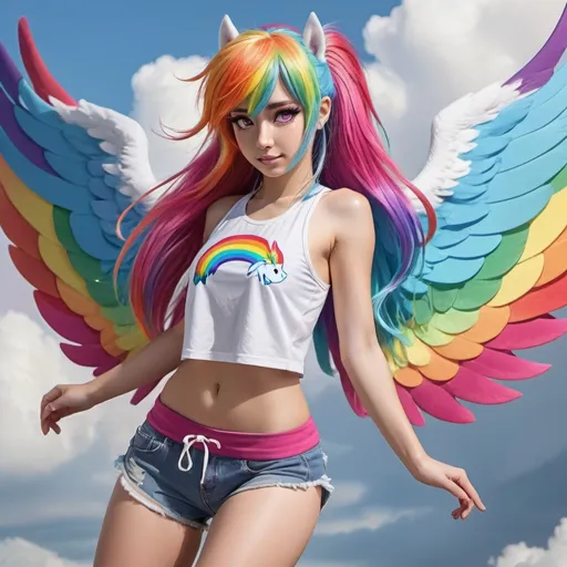 Prompt: Human version of rainbow dash from my little pony with pagasus wings flying with clouds behind With rainbow pegasus wings on her back, she has rainbow colored long hair and horse tail, with magenta eyes, boyish,and fit body, active wear crop top and shorts anime
