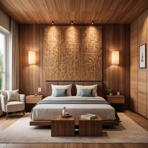 Prompt: Guest room with wooden panel installation art, high quality, realistic, ads-real estate, wooden art on wall, detailed wooden squares, warm lighting, cozy ambiance, realistic textures, modern interior design, inviting atmosphere, intricate woodwork, professional photography, soft shadows, natural materials