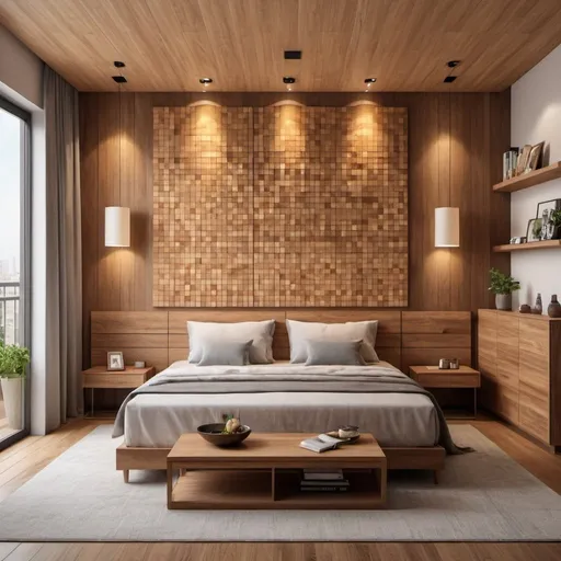 Prompt: apartment wooden panel installation art, high quality, realistic, ads-real estate, wooden squares, warm lighting, realistic textures, modern interior design, professional photography, soft shadows, natural materials