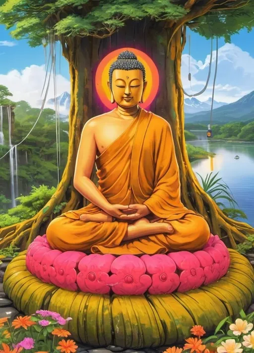 Prompt: Create a sci-fi, cyberpunk-themed profile picture featuring a badass Buddha character. The Buddha is wearing futuristic AirPods Max and has a streamer microphone positioned nearby, suggesting a modern and tech-savvy persona. In one hand, he holds a game controller. The scene is set at sunrise, with vibrant teal and orange hues illuminating the background. The overall atmosphere should be zen and peaceful, yet cool and badass. The art style should be slightly cartoonish or anime-like, with bold and striking colors, perfect for a standout profile picture. Add a waterfall in the back