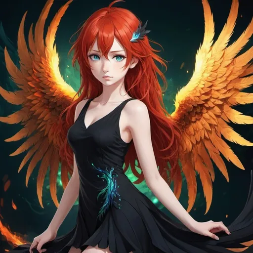 Prompt: Girl with red hair,blue and green eyes ,a black short dress and pheonix wings.anime /fantasy 