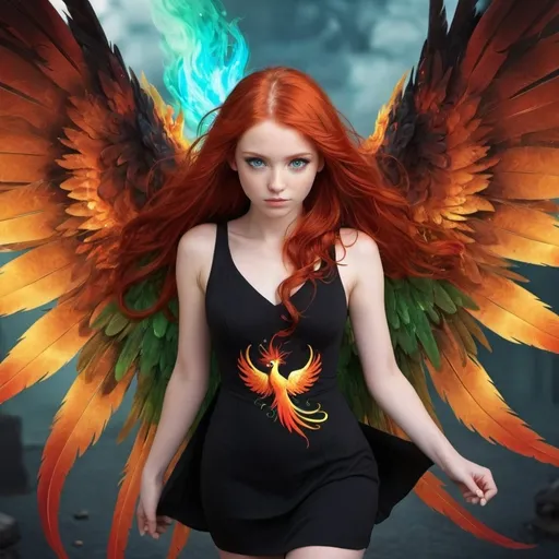 Prompt: Girl with red hair,blue and green eyes ,a black short dress and pheonix wings