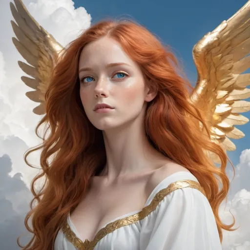 Prompt: A female angel with long red hair and blue eyes on a cloud with golden wings