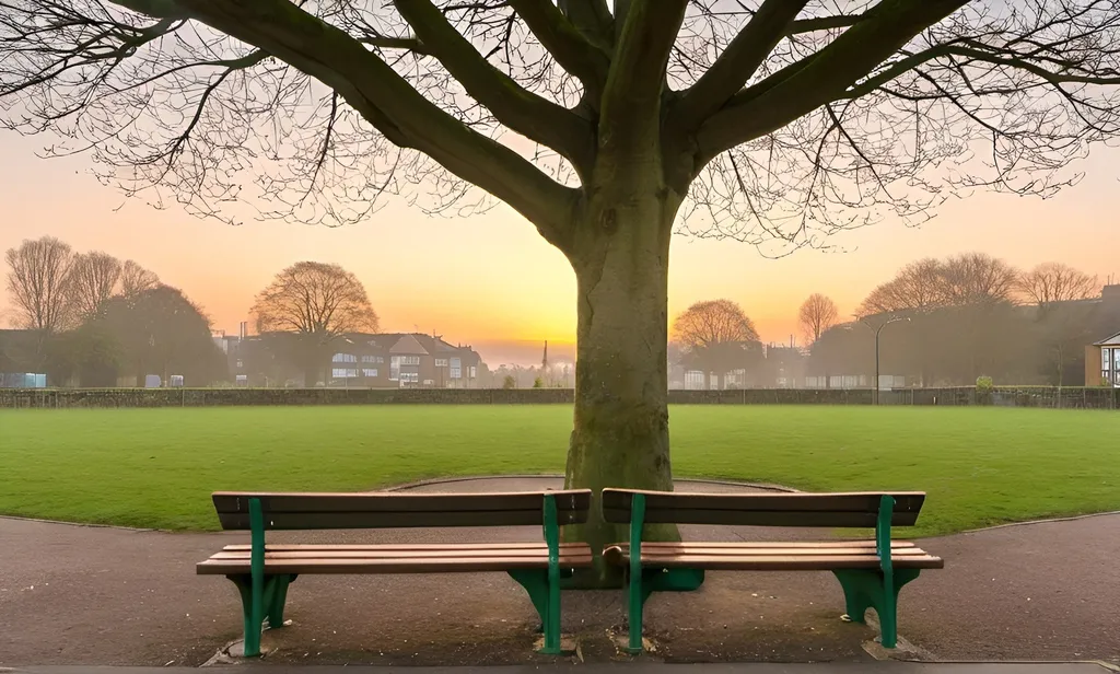 Prompt: A tree between two benches at dawn in a play park