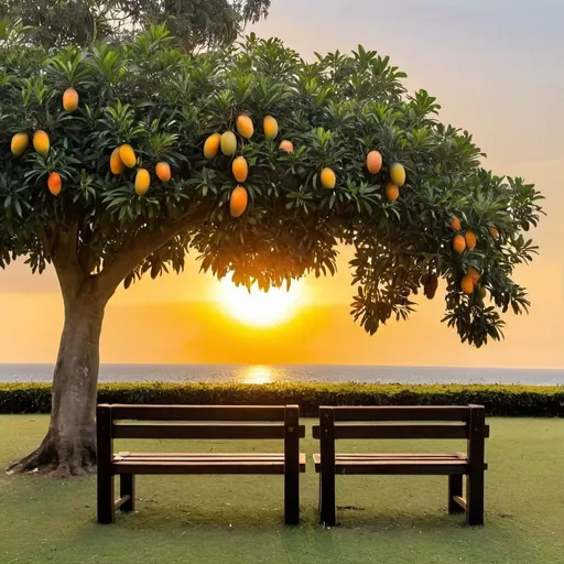 Prompt: Two benches in a play back and between there there is a mango tree, and sunset behind 