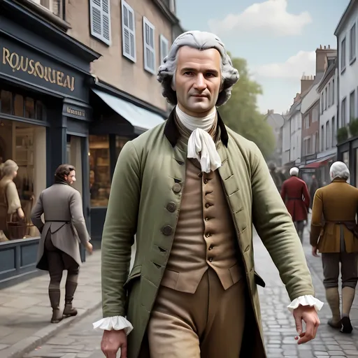 Prompt: Jean Jacques Rousseau walking down the high street, detailed clothing, realistic, natural lighting