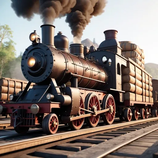 Prompt: Disney pixar style 3d render style, side view of old steam locomotive pulling flat deck cars with whisky barrels onboard   cinematic colors