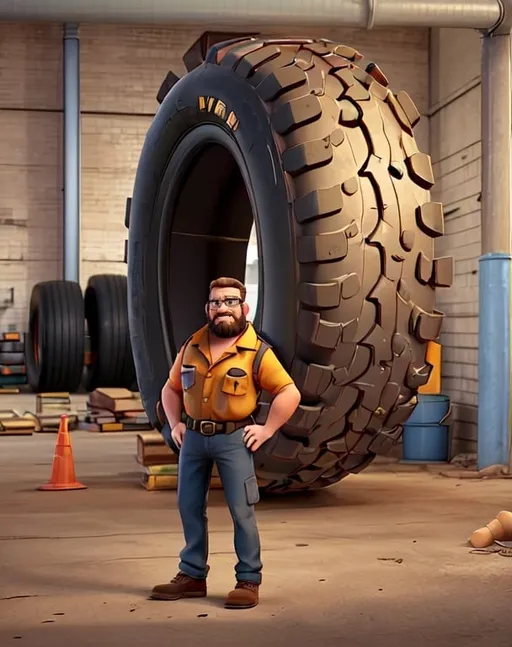 Prompt: a man standing in front of a large tire in a warehouse with a large tire behind him and a man in a safety vest standing next to it.  The man has a go-tee beard and glasses.  a character portrait