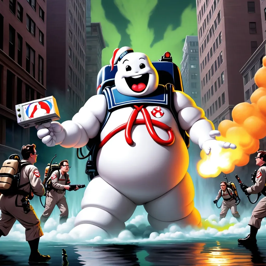 Prompt: Ghostbusters using proton pacs, crossing the streams to fight a giant marshmallow man