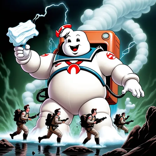 Prompt: Ghostbusters using proton pacs, crossing the streams to fight a giant marshmallow man