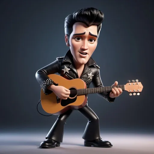 Prompt: Disney pixar character, 3d render style, Elvis Presley singing, playing guitar, wearing black leather.  cinematic colors