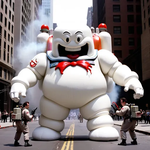 Prompt: Ghostbusters using proton PACs to fight giant marshmallow man