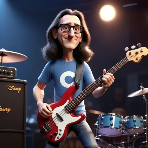 Prompt: Disney pixar character, 3d render style, Geddy Lee playing bass, cinematic colors