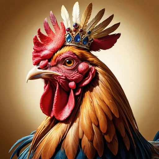 Prompt: Detailed illustration of a majestic rooster wearing a regal crown, vibrant and colorful feathers, royal gold and crimson tones, fine art painting, intricate detailing, impressive crown design, powerful and confident stance, high quality, royal, regal, vibrant colors, detailed feathers, proud expression, fine art, traditional painting, majestic, artistic lighting