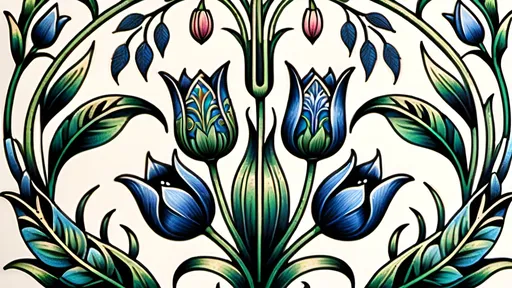 Prompt: Tattoo design inspired by William Morris, vibrant indigo and deep greens, intricate tulip and willow motifs, high quality, detailed linework, vintage aesthetic, organic elements, professional, vibrant colors, ornate design, indigo and green tones, lush foliage, vintage botanical, rich color palette, precise linework, decorative style, traditional tattoo, intricate patterns, detailed nature motifs