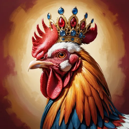Prompt: Detailed illustration of a majestic rooster wearing a regal crown, vibrant and colorful feathers, royal gold and crimson tones, fine art painting, intricate detailing, impressive crown design, powerful and confident stance, high quality, royal, regal, vibrant colors, detailed feathers, proud expression, fine art, traditional painting, majestic, artistic lighting