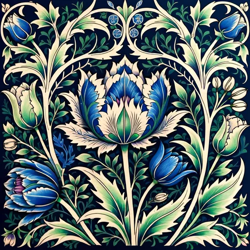 Prompt: Sleeve Tattoo design inspired by William Morris, vibrant indigo and deep greens, intricate tulip and willow motifs, high quality, detailed linework, vintage aesthetic, organic elements, professional, vibrant colors, ornate design, indigo and green tones, lush foliage, vintage botanical, rich color palette, precise linework, decorative style, traditional tattoo, intricate patterns, detailed nature motifs. Covers the whole arm from shoulder to elbow.