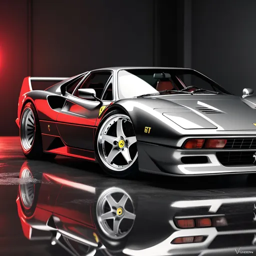 Prompt: Updated reimagining of a Ferrari 288GTO, Vossen black wheels, sleek and modern design, high gloss finish, detailed reflections, high performance, professional rendering, monochrome color palette, atmospheric lighting
