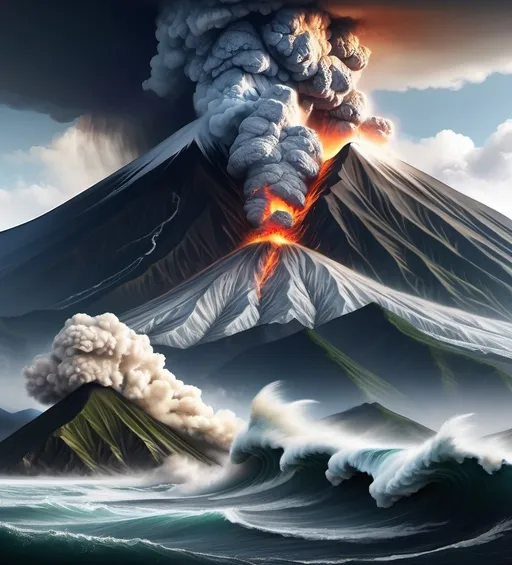 Prompt: There was a powerful earthquake, a very high tsunami wave occurred and the mountain erupted