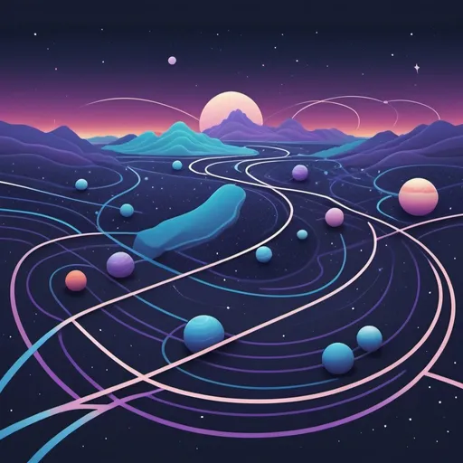 Prompt: Simple map-like illustration of interconnected planets and paths, vibrant hues, cosmic and dreamy vibe, smooth pathways connecting celestial bodies, minimalist details, clean and crisp lines, best quality, minimalist, cosmic, dreamy, interconnected, vibrant blues, purples, clean design, smooth pathways, design Corporate Memphis