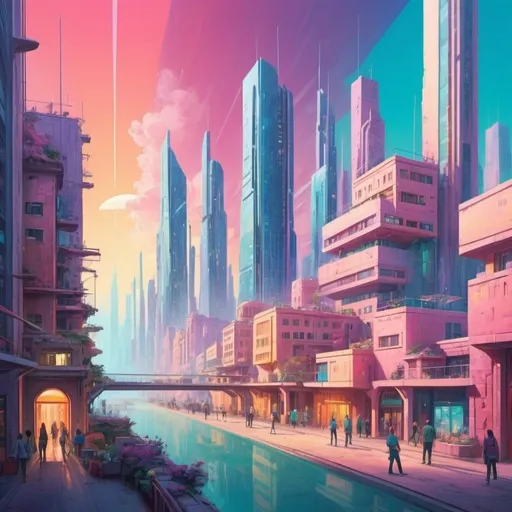 Prompt: Utopian cityscape with vibrant colors, dreamers in trade union, idealistic future, vibrant pastel tones, high quality, detailed utopia, dreamy atmosphere, futuristic architecture, hopeful expressions, professional art, optimistic lighting