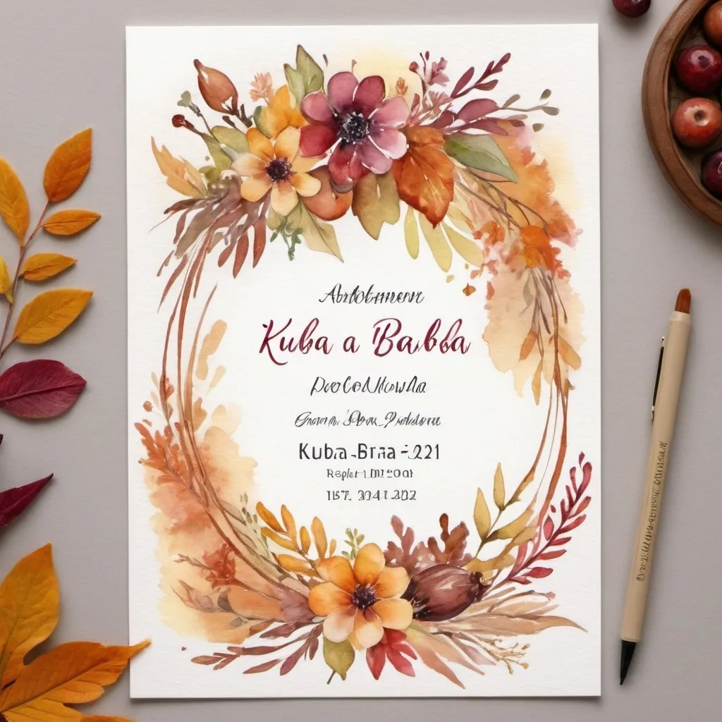 Prompt: generate a wedding annoucement. watercolors, autumn, floral, soft, names: Kuba a Bára, plase Hostivická stodola, date: 5.10.2024