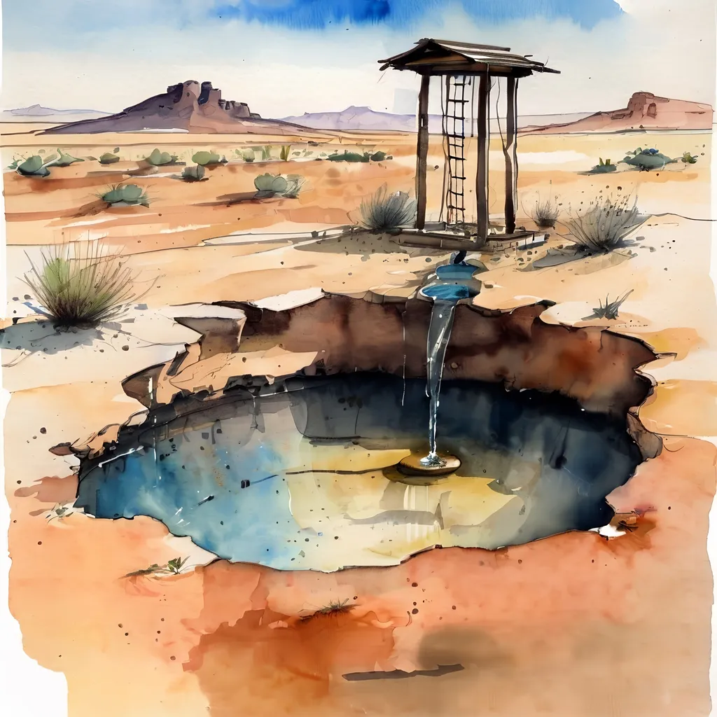 Prompt: small well oasis in desert, ralph steadman style watercolor