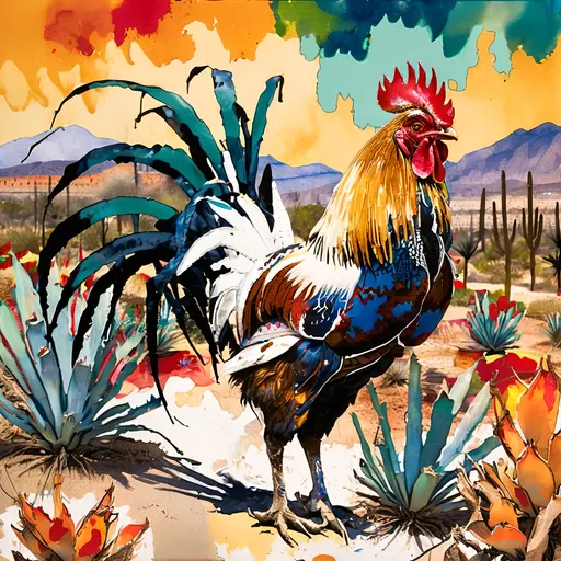 Prompt: fighting rooster mezcal oaxaca desert agave, ralph steadman style watercolor