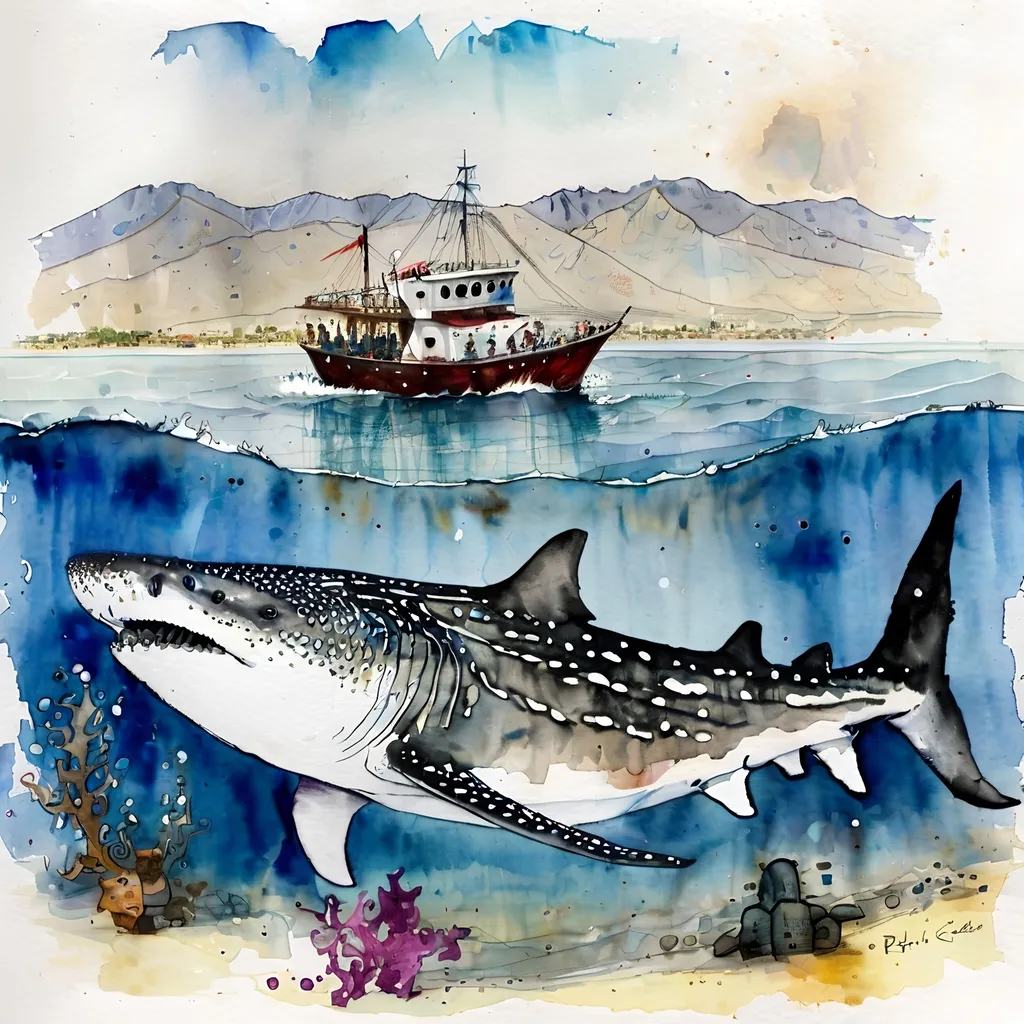 Prompt: whaleshark in ocean in oaxaca with mezcal, ralph steadman style watercolor