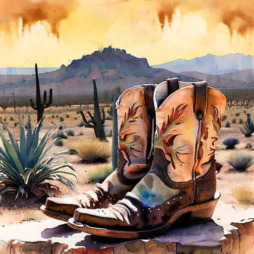 Prompt: Cowboy boot surrounded by agave in desert oaxaca, ralph steadman watercolor style