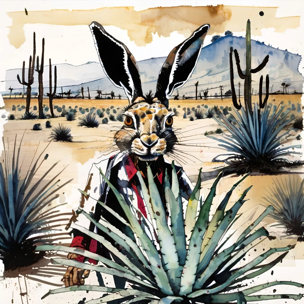 Prompt: hare in oaxaca agave, ralph steadman watercolor style