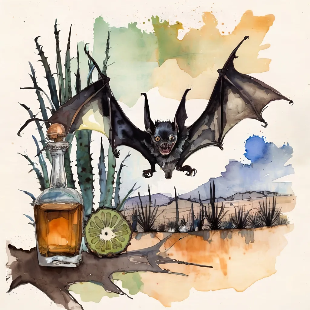 Prompt: bat holding mezcal in oaxaca agave, ralph steadman watercolor style