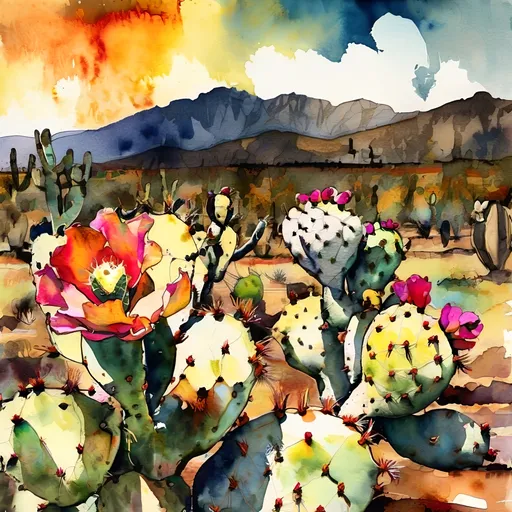 Prompt: prickly pear with mezcal agave field oaxaca desert, ralph steadman style watercolor
