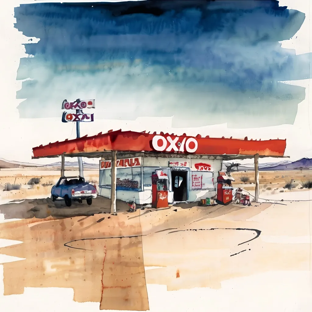 Prompt: oxxo convenience store in middle of desert, oaxaca, ralph steadman style watercolor