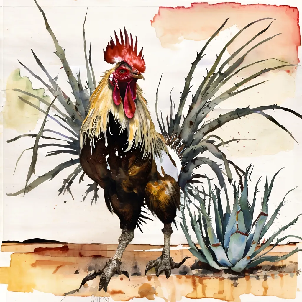 Prompt: fighting rooster mezcal oaxaca desert agave, ralph steadman style watercolor