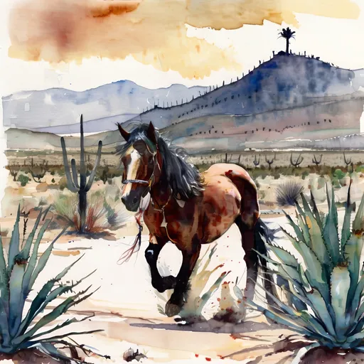 Prompt: majestic stallion pulling agave in desert oaxaca with mezcal, ralph steadman style watercolor