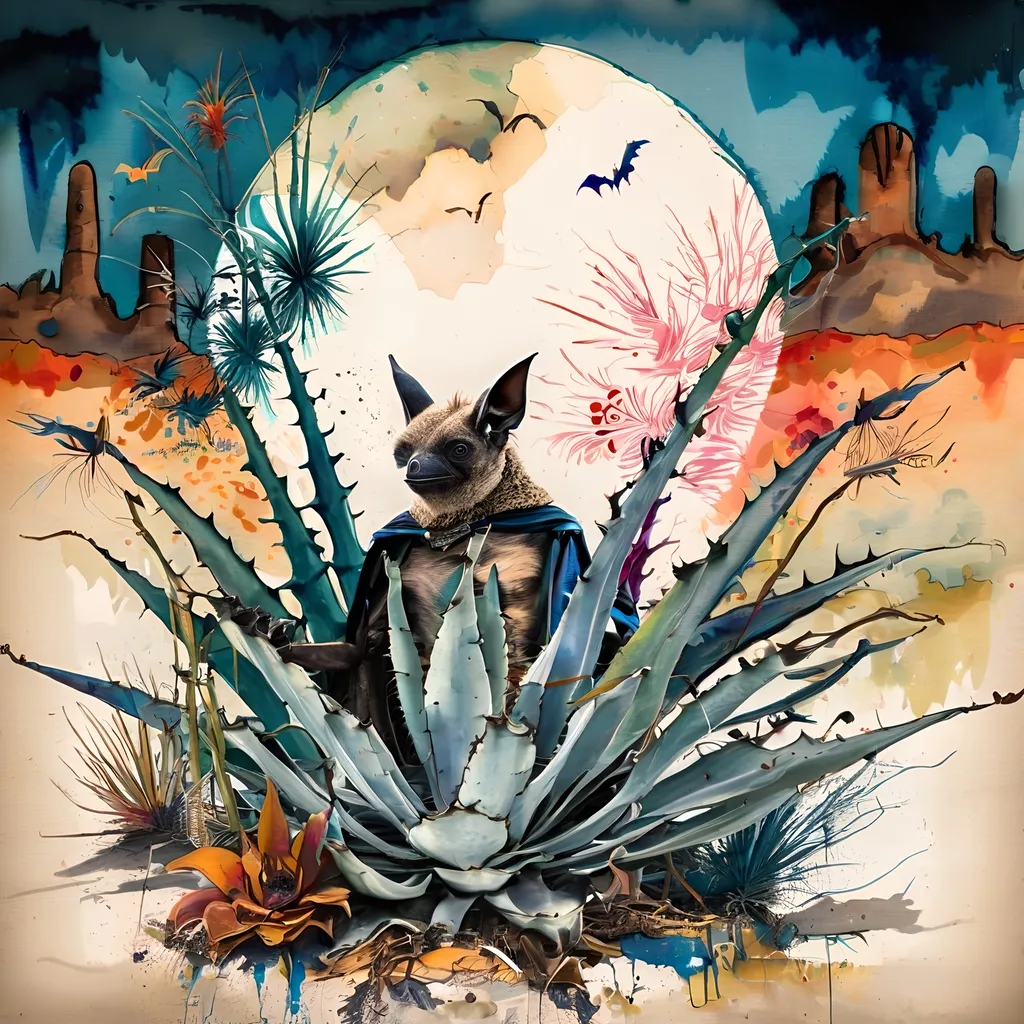 Prompt: bat holding mezcal in oaxaca agave, ralph steadman watercolor style