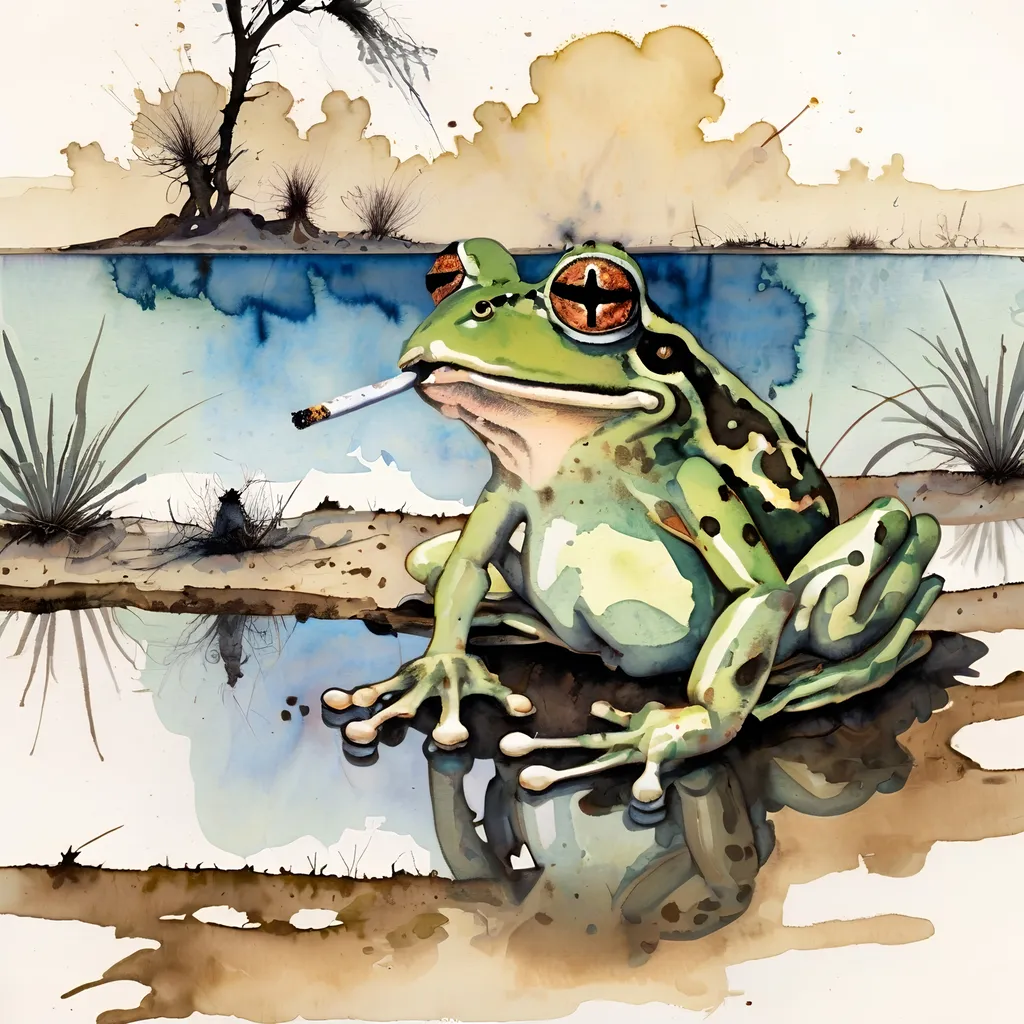 Prompt: frog with cigarette in stream in oaxaca agave desert, ralph steadman watercolor style
