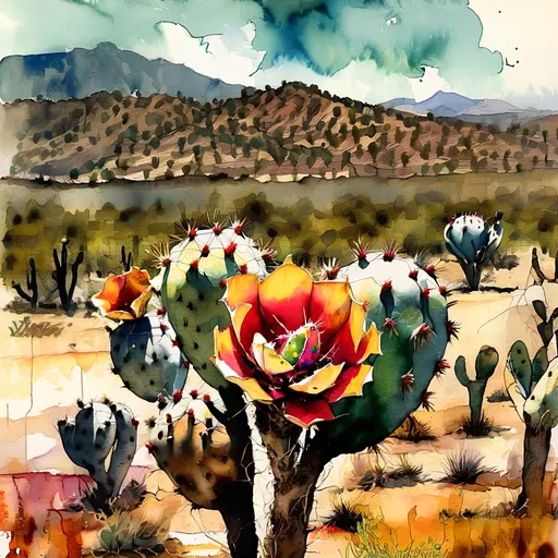 Prompt: prickly pear with mezcal agave field oaxaca desert, ralph steadman style watercolor
