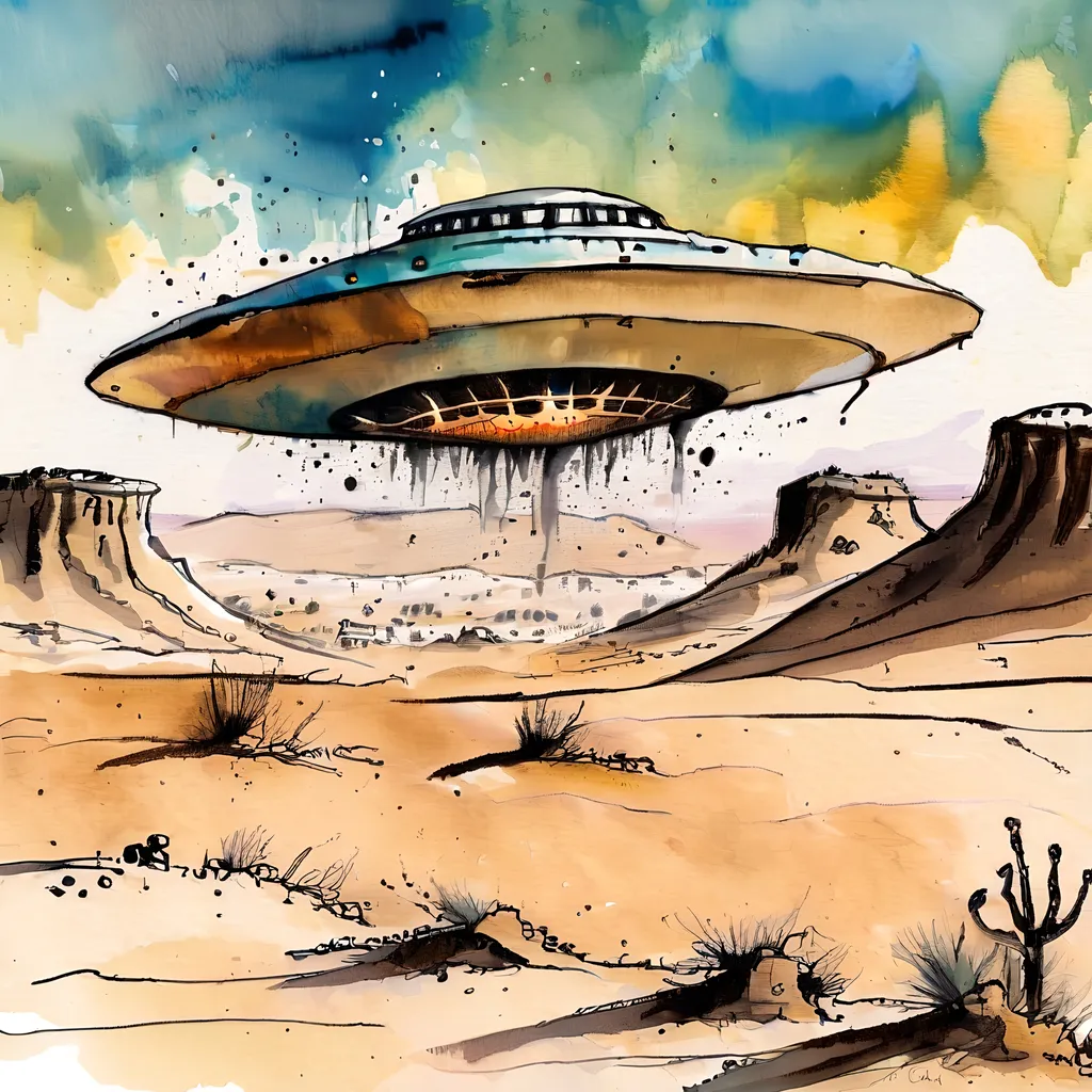 Prompt: flying ufo in desert, ralph steadman style watercolor
