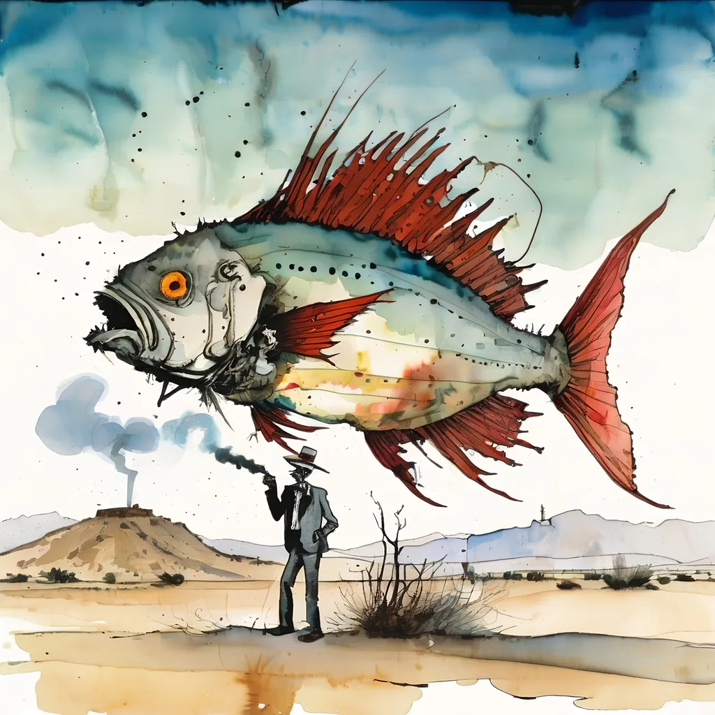 Prompt: fish smoking cigarette in desert oaxaca, ralph steadman watercolor style