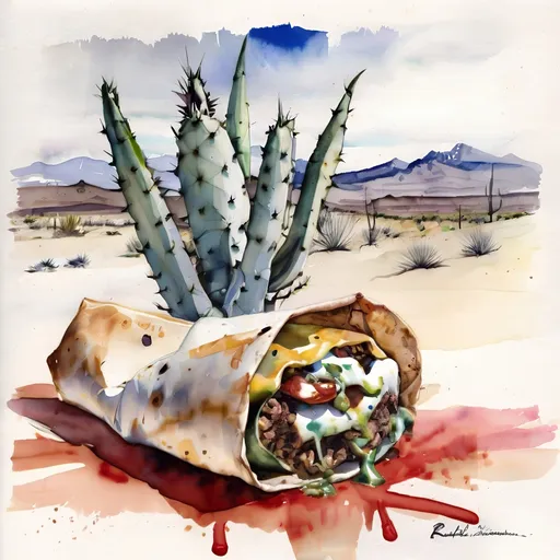 Prompt: burrito mezcal oaxaca desert agave, ralph steadman style watercolor