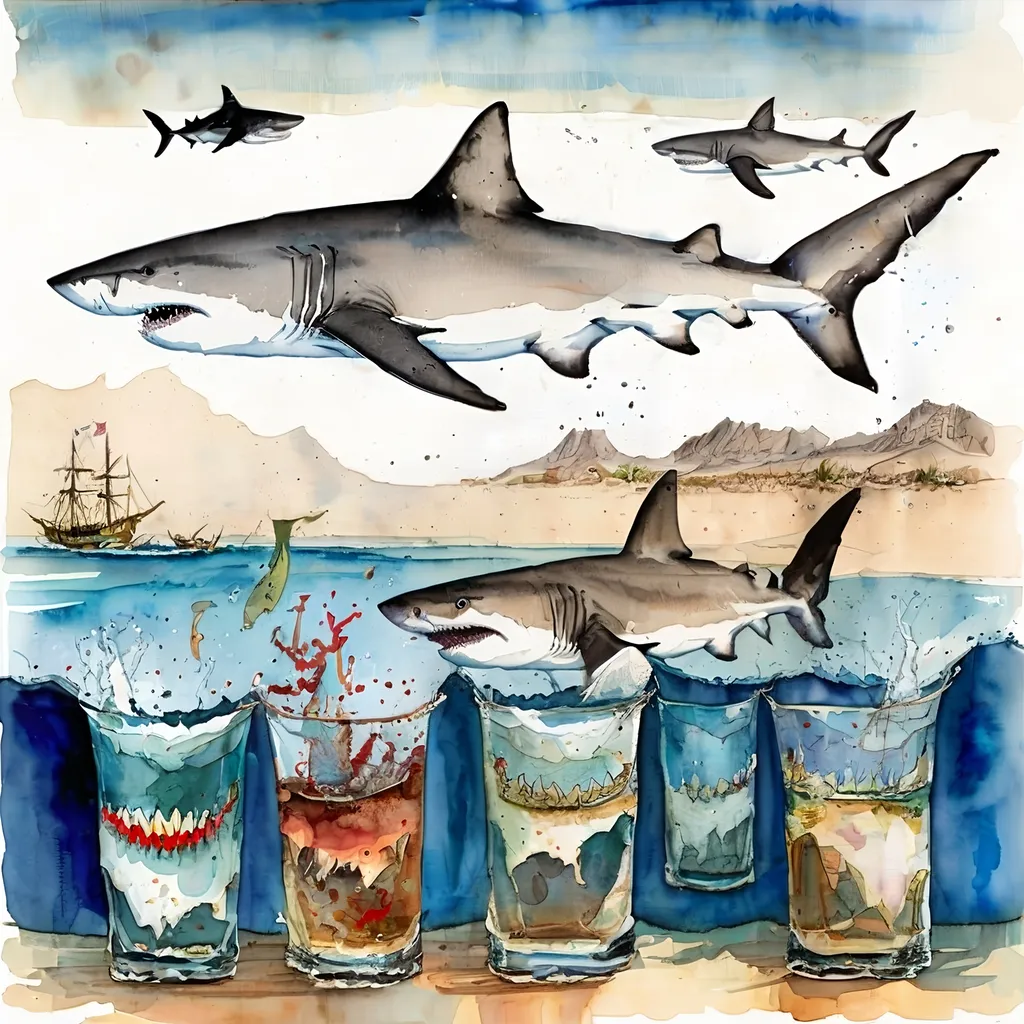 Prompt: sharks in ocean in oaxaca with mezcal, ralph steadman style watercolor